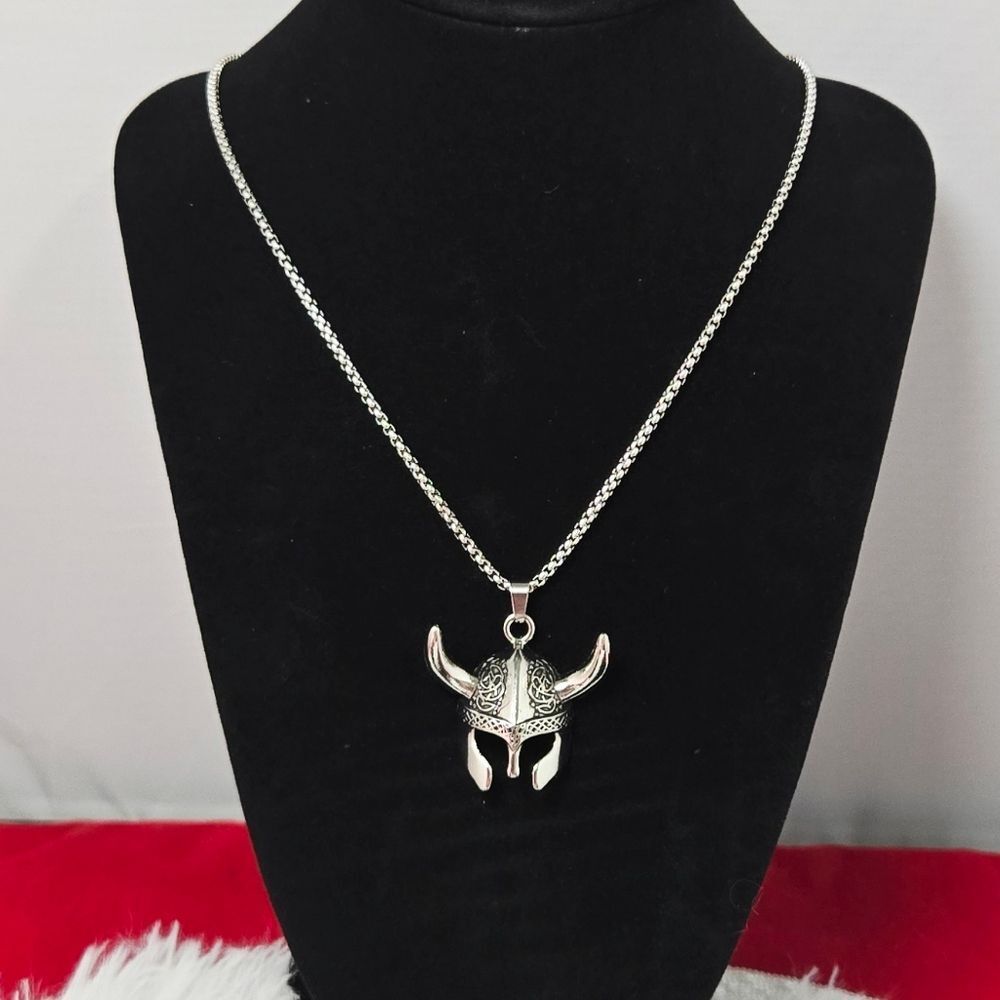 Viking Helmet Mask Pendant Necklace Nordic Celtic Stainless Steel Box Chain 24"